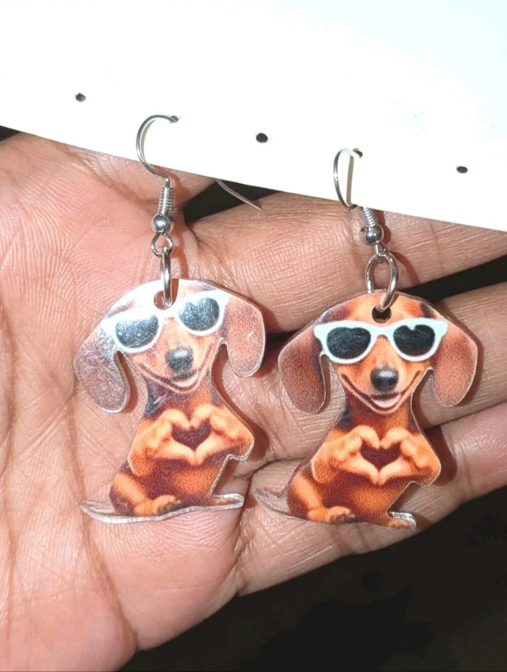 Hand Crafted Orange Dachshund Earrings with White Sunglasses